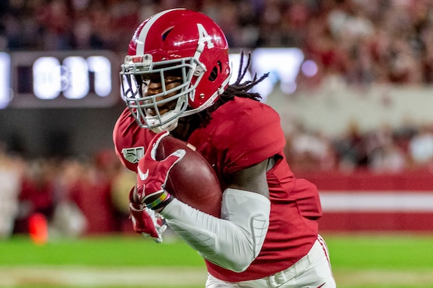 Alabama wide receiver Jerry Jeudy (4) during the first half of an NCAA college football game against Arkansas, Saturday, Oct. 26, 2019, in Tuscaloosa, Ala. (AP Photo/Vasha Hunt)
