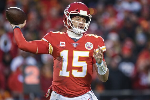 Kansas City Chiefs quarterback Patrick Mahomes (15) throws against the Houston Texans during an NFL football game in Kansas City, Mo., Sunday, Jan. 12, 2020. (AP Photo/Reed Hoffmann)
