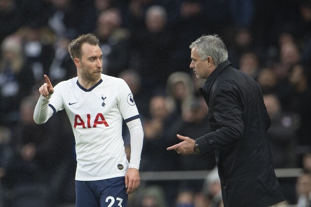 LONDON, ENGLAND - DECEMBER 26: Tottenham Hotspur Manager Jose Mourinho talks to Christian Eriksen during the Premier League match between Tottenham Hotspur and Brighton & Hove Albion at Tottenham Hotspur Stadium on December 26, 2019 in London, United Kingdom. (Photo by Visionhaus)