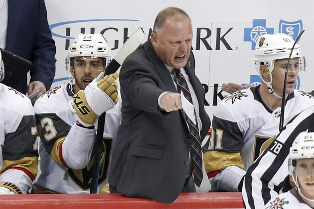 Vegas Golden Knights' Gerard Gallant, center, yells towards an official during the third period of an NHL hockey game against the Pittsburgh Penguins, Saturday, Oct. 19, 2019, in Pittsburgh. The Golden Knights won 3-0.(AP Photo/Keith Srakocic)