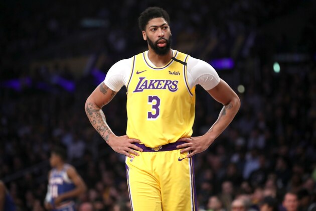 LOS ANGELES, CALIFORNIA - JANUARY 07:  Anthony Davis #3 of the Los Angeles Lakers looks on during the first half of a game against the New York Knicks at Staples Center on January 07, 2020 in Los Angeles, California.  NOTE TO USER: User expressly acknowledges and agrees that, by downloading and/or using this photograph, user is consenting to the terms and conditions of the Getty Images License Agreement (Photo by Sean M. Haffey/Getty Images)