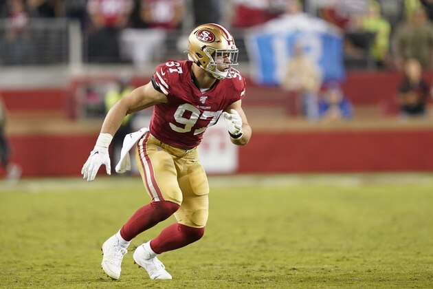 San Francisco 49ers defensive end Nick Bosa (97) against the Seattle Seahawks during the second half of an NFL football game in Santa Clara, Calif., Monday, Nov. 11, 2019. (AP Photo/Tony Avelar)