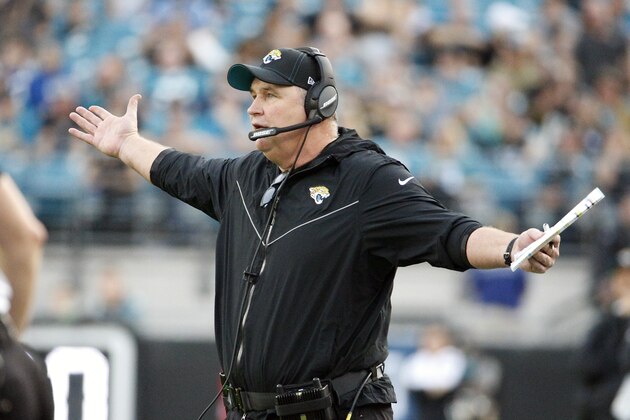 Jacksonville Jaguars head coach Doug Marrone directs his players against the Indianapolis Colts during the first half of an NFL football game, Sunday, Dec. 29, 2019, in Jacksonville, Fla. (AP Photo/Stephen B. Morton)