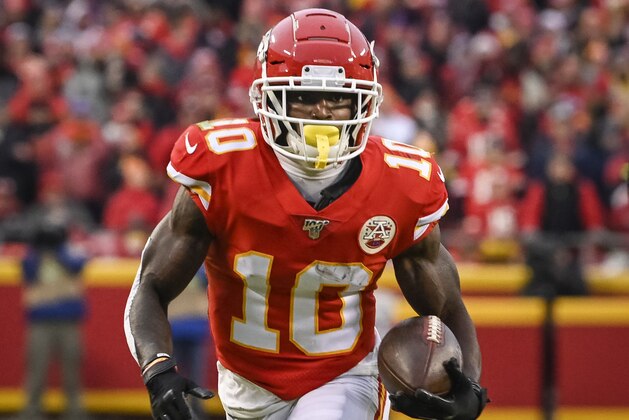 Kansas City Chiefs wide receiver Tyreek Hill (10) runs against the Houston Texans during the second half of an NFL football game in Kansas City, Mo., Sunday, Jan. 12, 2020. (AP Photo/Reed Hoffmann)