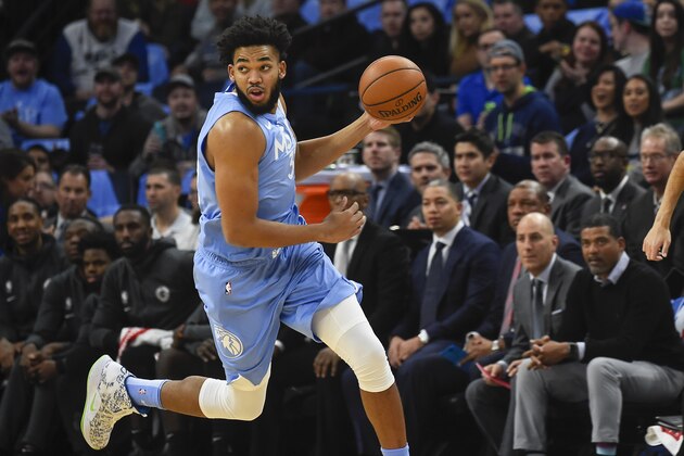 Minnesota Timberwolves center Karl-Anthony TownsÂ during their game against the Los Angeles Clippers in the first half of an NBA basketball game Friday, Dec. 12, 2019, in Minneapolis. (AP Photo/Craig Lassig)