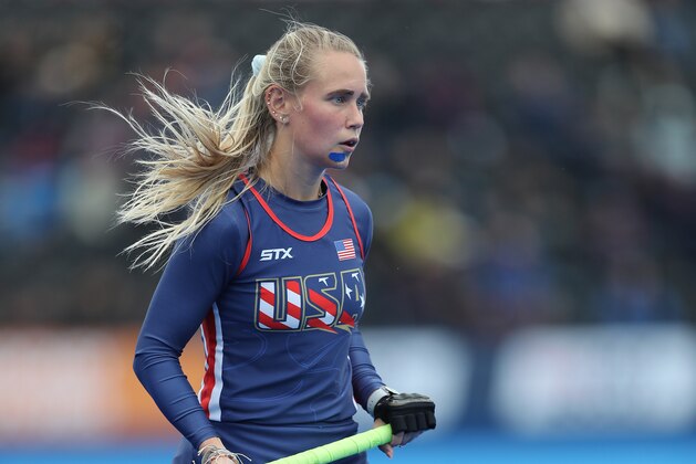 LONDON, ENGLAND - APRIL 27:  Danielle Grega of USA in action during the Women's FIH Field Hockey Pro League match between Great Britain and USA at Lee Valley Hockey and Tennis Centre on April 27, 2019 in London, United Kingdom. (Photo by Christopher Lee/Getty Images for FIH)