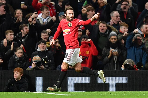 Manchester United's Spanish midfielder Juan Mata celebrates scoring the opening goalduring the English FA Cup third round-replay football match between Manchester United and Wolverhampton Wanderers at Old Trafford in Manchester, north west England, on January 15, 2020. (Photo by Paul ELLIS / AFP) / RESTRICTED TO EDITORIAL USE. No use with unauthorized audio, video, data, fixture lists, club/league logos or 'live' services. Online in-match use limited to 120 images. An additional 40 images may be used in extra time. No video emulation. Social media in-match use limited to 120 images. An additional 40 images may be used in extra time. No use in betting publications, games or single club/league/player publications. /  (Photo by PAUL ELLIS/AFP via Getty Images)