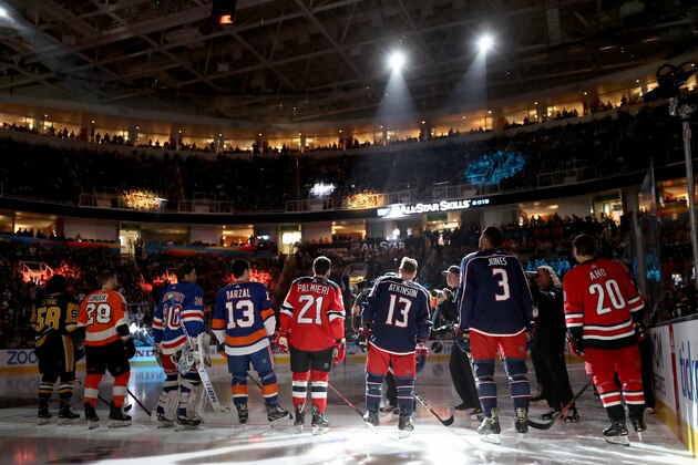 SAN JOSE, CA - JANUARY 25:  Players line up during the the Bridgestone NHL Fastest Skater during the 2019 SAP NHL All-Star Skills at SAP Center on January 25, 2019 in San Jose, California.  (Photo by Bruce Bennett/Getty Images)