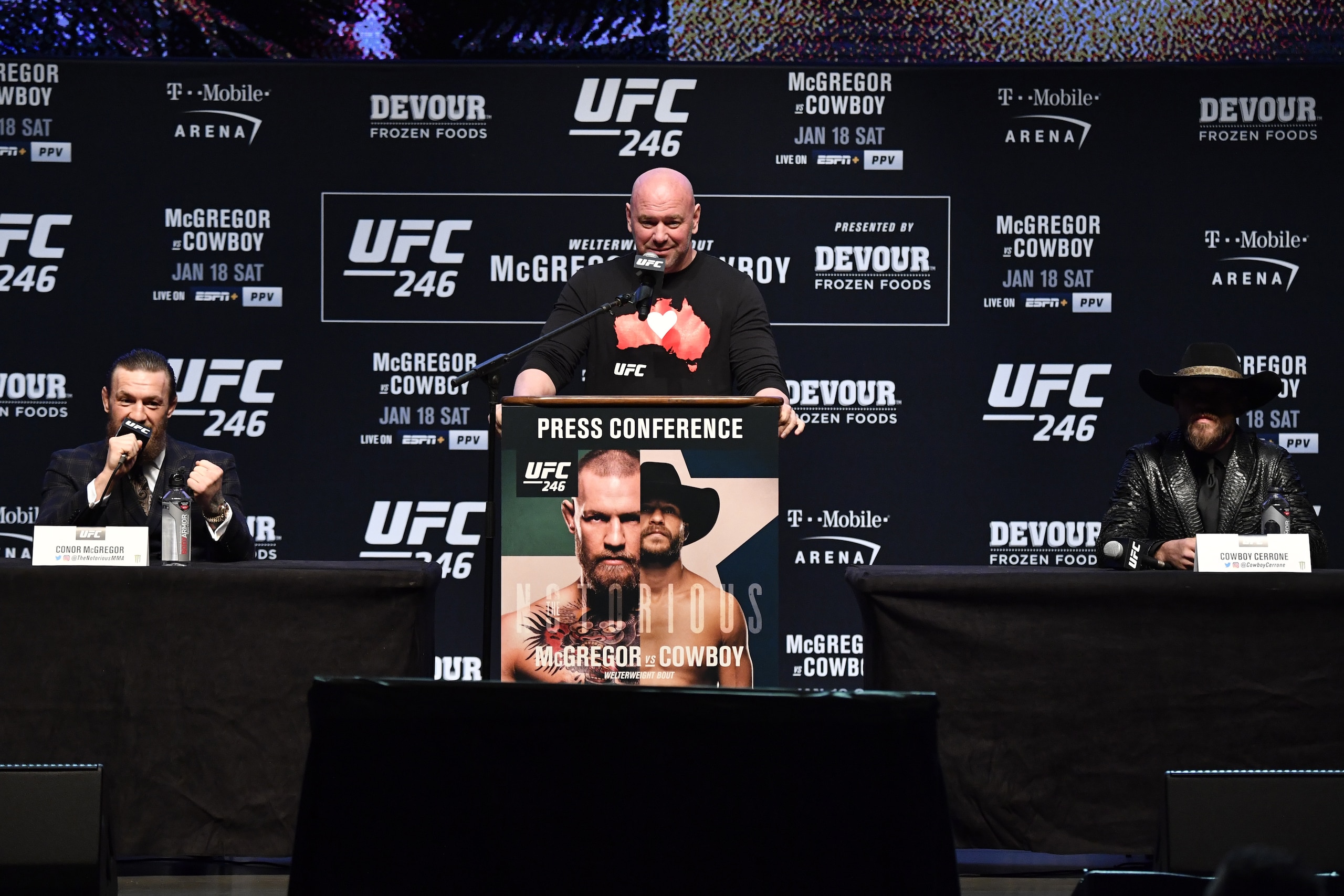 LAS VEGAS, NEVADA - JANUARY 15: Conor McGregor of Ireland, Dana White, and Donald Cerrone interact with fans and media during the UFC 246 press conference at Pearl Theater at the Palms Casino Resort on January 15, 2020 in Las Vegas, Nevada. (Photo by Jeff Bottari/Zuffa LLC via Getty Images)