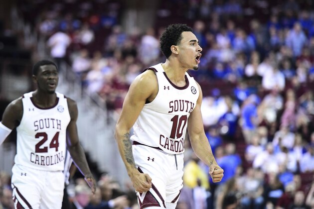 South Carolina forward Justin Minaya (10) reacts after a turnover by Kentucky during the first half of an NCAA college basketball game Wednesday, Jan. 15, 2020, in Columbia, S.C. (AP Photo/Sean Rayford) South Carolina forward Justin Minaya (10) reacts after a turnover by Kentucky during the first half of an NCAA college basketball game Wednesday, Jan. 15, 2020, in Columbia, S.C. (AP Photo/Sean Rayford)