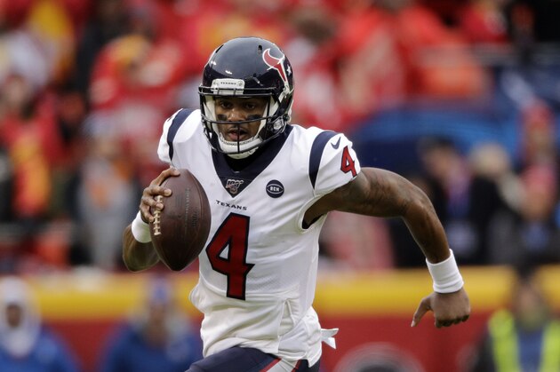 Houston Texans quarterback Deshaun Watson (4) carries the ball during the first half of an NFL divisional playoff football game against the Kansas City Chiefs, in Kansas City, Mo., Sunday, Jan. 12, 2020. (AP Photo/Charlie Riedel)