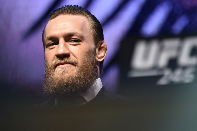 LAS VEGAS, NEVADA - JANUARY 15: Conor McGregor of Ireland interacts with the crowd during the UFC 246 press conference at Pearl Theater at the Palms Casino Resort on January 15, 2020 in Las Vegas, Nevada. (Photo by Chris Unger/Zuffa LLC via Getty Images)