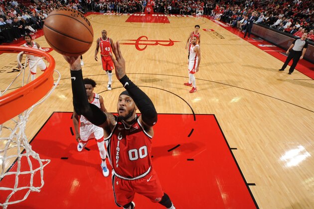 HOUSTON, TX - JANUARY 15: Carmelo Anthony #00 of the Portland Trail Blazers shoots the ball against the Houston Rockets on January 15, 2020 at the Toyota Center in Houston, Texas. NOTE TO USER: User expressly acknowledges and agrees that, by downloading and or using this photograph, User is consenting to the terms and conditions of the Getty Images License Agreement. Mandatory Copyright Notice: Copyright 2020 NBAE (Photo by Bill Baptist/NBAE via Getty Images)