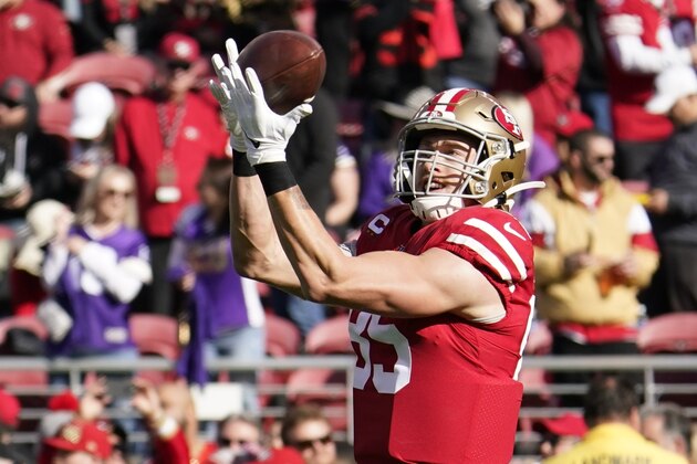 San Francisco 49ers tight end George Kittle (85) warms up before an NFL divisional playoff football game against the Minnesota Vikings, Saturday, Jan. 11, 2020, in Santa Clara, Calif. (AP Photo/Tony Avelar)