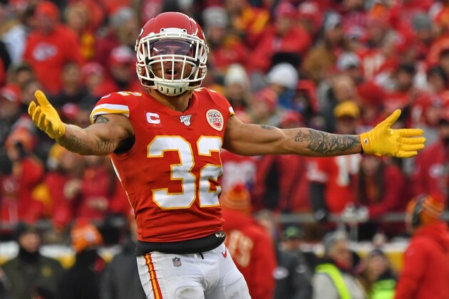 KANSAS CITY, MISSOURI - JANUARY 12: Strong safety Tyrann Mathieu #32 of the Kansas City Chiefs celebrates after a defensive stop in the first half during the AFC Divisional playoff game against the Houston Texans at Arrowhead Stadium on January 12, 2020 in Kansas City, Missouri. (Photo by Peter G. Aiken/Getty Images)