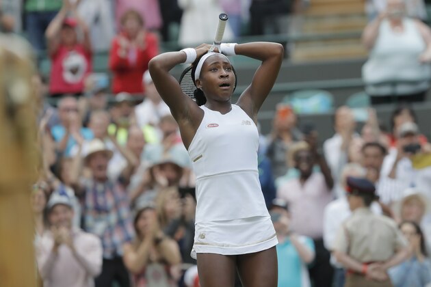 Cori Gauff of USA celebrates on matchpoint beating Venus Williams of USA on Court One during day one of the 2019 Wimbledon tennis championships at the All England Lawn Tennis Club on July 1st 2019 in Wimbledon (Photo by Tom Jenkins) Cori Gauff of USA celebrates on matchpoint beating Venus Williams of USA on Court One during day one of the 2019 Wimbledon tennis championships at the All England Lawn Tennis Club on July 1st 2019 in Wimbledon (Photo by Tom Jenkins)