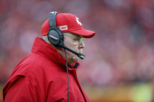 Kansas City Chiefs head coach Andy Reid during the first half of an NFL divisional playoff football game against the Houston Texans, in Kansas City, Mo., Sunday, Jan. 12, 2020. (AP Photo/Jeff Roberson)