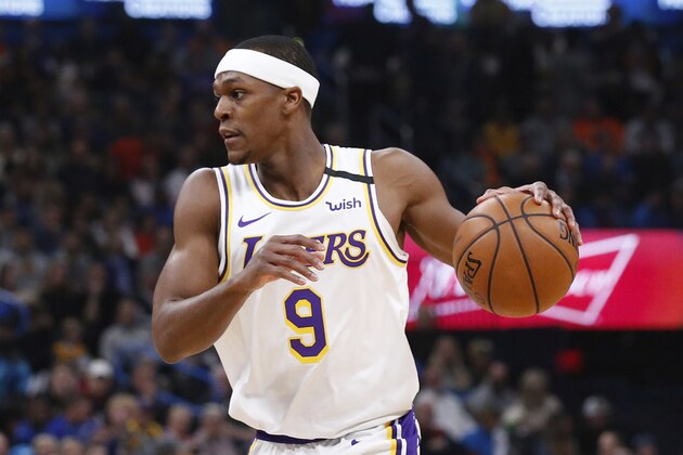 Los Angeles Lakers guard Rajon Rondo (9) during an NBA basketball game against the Oklahoma City Thunder Saturday, Jan. 11, 2020, in Oklahoma City. (AP Photo/Sue Ogrocki)