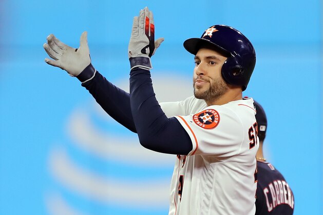 HOUSTON, TEXAS - OCTOBER 29:  George Springer #4 of the Houston Astros celebrates his leadoff double against the Washington Nationals during the first inning in Game Six of the 2019 World Series at Minute Maid Park on October 29, 2019 in Houston, Texas. (Photo by Elsa/Getty Images)