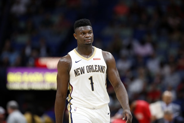 New Orleans Pelicans forward Zion Williamson (1) in the first half of a preseason NBA basketball game against the Utah Jazz in New Orleans, Friday, Oct. 11, 2019. (AP Photo/Tyler Kaufman)