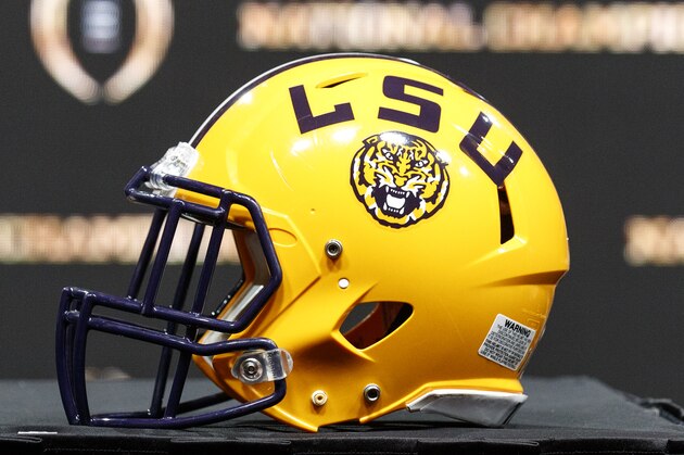 NEW ORLEANS, LOUISIANA - JANUARY 12: A general view of LSU Tigers helmet before the Head Coaches Press Conference before the College Football Playoff National Championship at the Grand Ballroom at the Sheraton Hotel on January 12, 2020 in New Orleans, Louisiana. (Photo by Don Juan Moore/Getty Images)
