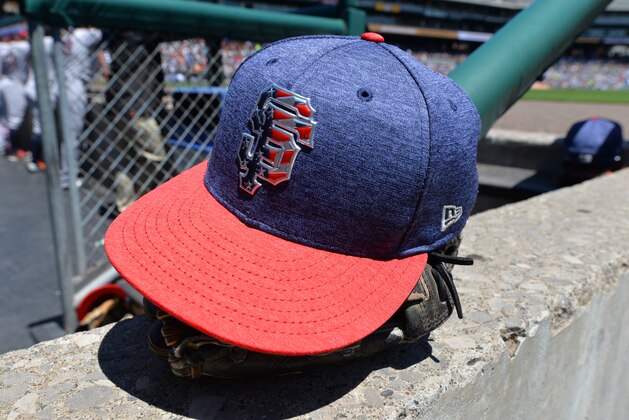 DETROIT, MI - JULY 04:  A detailed view of the special red, white and blue hat worn by San Francisco Giants players and coaches to honor Independence Day during the Fourth of July game against the Detroit Tigers at Comerica Park on July 4, 2017 in Detroit, Michigan. The Tigers defeated the Giants 5-3.  (Photo by Mark Cunningham/MLB Photos via Getty Images)