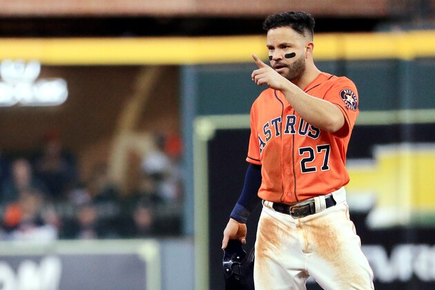 HOUSTON, TEXAS - OCTOBER 30:  Jose Altuve #27 of the Houston Astros reacts against the Washington Nationals during the third inning in Game Seven of the 2019 World Series at Minute Maid Park on October 30, 2019 in Houston, Texas. (Photo by Mike Ehrmann/Getty Images)
