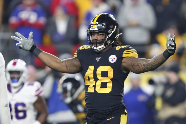 Pittsburgh Steelers outside linebacker Bud Dupree (48) plays during the first half of an NFL football game against the Buffalo Bills in Pittsburgh, Sunday, Dec. 15, 2019. (AP Photo/Keith Srakocic)