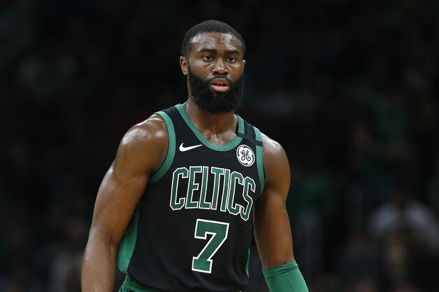 Boston Celtics' Jaylen Brown during the first quarter of an NBA basketball game against the New Orleans Pelicans Saturday, Jan. 11, 2020, in Boston. (AP Photo/Winslow Townson)