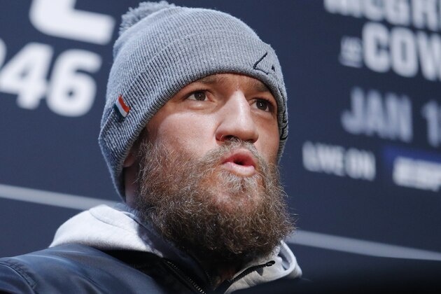 Conor McGregor reacts during a media event for the UFC 246 mixed martial arts bout, Thursday, Jan. 16, 2020, in Las Vegas. McGregor is scheduled to fight Donald