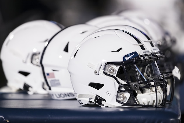 STATE COLLEGE, PA - NOVEMBER 30: A view of Penn State Nittany Lions helmets on the sidelines during the second half of the game between the Penn State Nittany Lions and the Rutgers Scarlet Knights at Beaver Stadium on November 30, 2019 in State College, Pennsylvania. (Photo by Scott Taetsch/Getty Images)