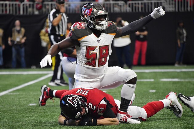 Tampa Bay Buccaneers linebacker Shaquil Barrett (58) celebrates his sack on Atlanta Falcons quarterback Matt Ryan during the first half of an NFL football game, Sunday, Nov. 24, 2019, in Atlanta. (AP Photo/John Amis)
