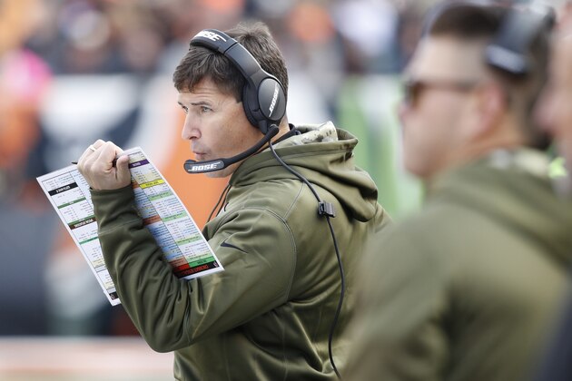 CINCINNATI, OH - NOVEMBER 11: Offensive coordinator Bill Lazor of the Cincinnati Bengals looks on during the game against the New Orleans Saints at Paul Brown Stadium on November 11, 2018 in Cincinnati, Ohio. The Saints won 51-14. (Photo by Joe Robbins/Getty Images)