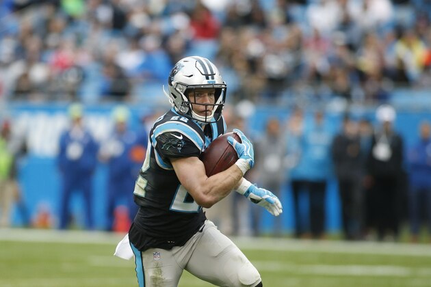 Carolina Panthers running back Christian McCaffrey (22) runs against the New Orleans Saints during the first half of an NFL football game in Charlotte, N.C., Sunday, Dec. 29, 2019. (AP Photo/Brian Blanco)