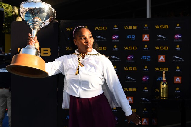 AUCKLAND, NEW ZEALAND - JANUARY 12: Serena Williams of USA celebrates with the trophy after winning the final match against Jessica Pegula of USA at ASB Tennis Centre on January 12, 2020 in Auckland, New Zealand. (Photo by Hannah Peters/Getty Images)