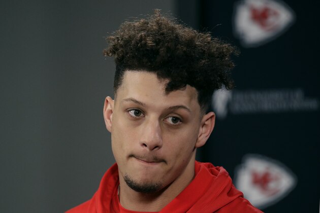 Kansas City Chiefs quarterback Patrick Mahomes addresses the media during a news conference for Sunday's NFL AFC championship football game at Arrowhead Stadium in Kansas City, Mo., Thursday, Jan. 16, 2020. The Chiefs will face the Tennessee Titans for the opportunity to advance to the Super Bowl. (AP Photo/Charlie Riedel)