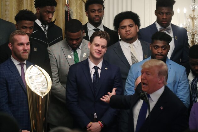WASHINGTON, DC - JANUARY 17: U.S. President Donald Trump speaks while honoring the champion Louisiana State University football team in the East Room at the White House, on January 17, 2020 in Washington, DC. This past Monday the LSU Tigers defeated Clemson 42 to 25 in the college playoff final. (Photo by Mark Wilson/Getty Images)