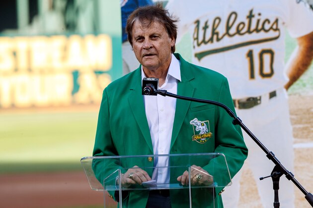 OAKLAND, CA - SEPTEMBER 21:  Former manager Tony La Russa of the Oakland Athletics is inducted in the team's Hall of Fame before the game against the Texas Rangers at the RingCentral Coliseum on September 21, 2019 in Oakland, California. (Photo by Jason O. Watson/Getty Images)