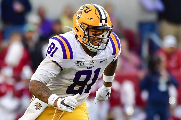 LSU tight end Thaddeus Moss in an NCAA football game Saturday, Nov. 9, 2019, in Tuscaloosa, Ala. (AP Photo/Vasha Hunt)