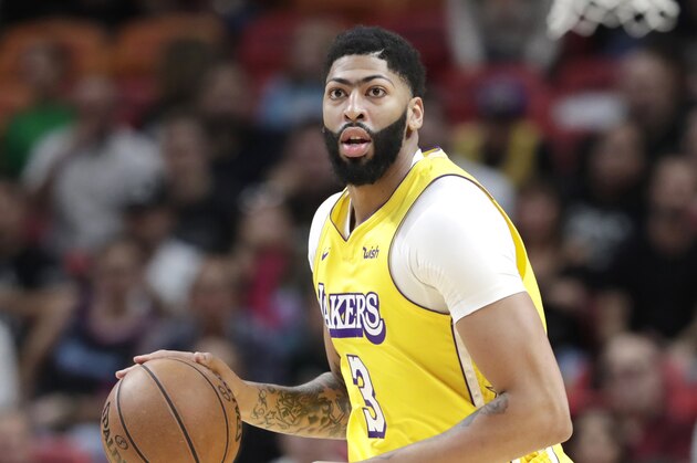 Los Angeles Lakers forward Anthony Davis (3) in action during the first half of an NBA basketball game against the Miami Heat, Friday, Dec. 13, 2019, in Miami. (AP Photo/Lynne Sladky)