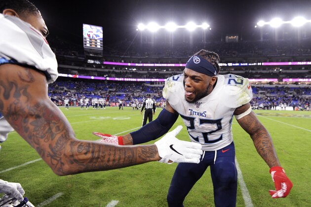 Tennessee Titans running back Derrick Henry (22) celebrates during the second half of an NFL divisional playoff football game against the Baltimore Ravens, Saturday, Jan. 11, 2020, in Baltimore. The Titans won 28-12. (AP Photo/Gail Burton) Tennessee Titans running back Derrick Henry (22) celebrates during the second half of an NFL divisional playoff football game against the Baltimore Ravens, Saturday, Jan. 11, 2020, in Baltimore. The Titans won 28-12. (AP Photo/Gail Burton)