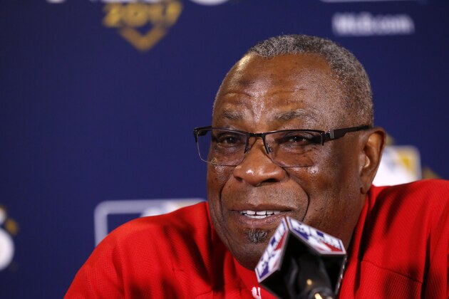 Washington Nationals manager Dusty Baker talks during a news conference before Game 4 of baseball's National League Division Series against the Chicago Cubs, Wednesday, Oct. 11, 2017, in Chicago. (AP Photo/Charles Rex Arbogast)