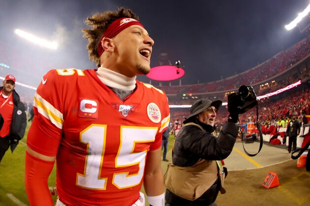 KANSAS CITY, MISSOURI - JANUARY 12: Patrick Mahomes #15 of the Kansas City Chiefs celebrates his teams win against the Houston Texans in the AFC Divisional playoff game at Arrowhead Stadium on January 12, 2020 in Kansas City, Missouri. (Photo by Tom Pennington/Getty Images)