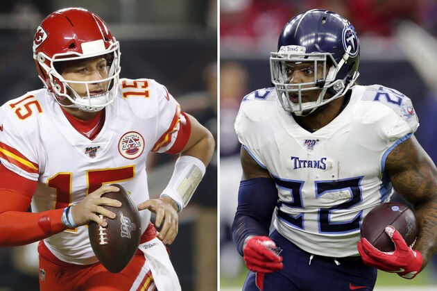 FILE - At left, in a Dec. 22, 2019, file photo, Kansas City Chiefs quarterback Patrick Mahomes scrambles against the Chicago Bears in the first half of an NFL football game in Chicago. At right, in a Dec. 29, 2019, file photo,  Tennessee Titans running back Derrick Henry (22) rushes against the Houston Texans during the first half of an NFL football game in Houston. Derrick Henry has just about carried Tennessee's offense to the AFC championship game. The Titans have been stellar on defense as well. Now they take on Patrick Mahomes and the potent Kansas City Chiefs for a trip to the Super Bowl. (AP Photo/File)