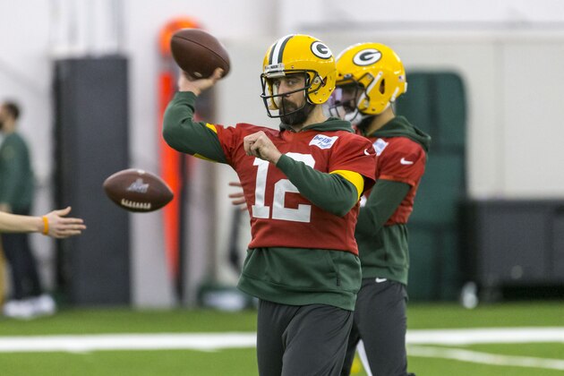 Green Bay Packers quarterback Aaron Rodgers throws the ball during the Packers NFL football practice Friday Jan. 17, 2020, in Green Bay, Wis. The Packers will play the San Francisco 49ers in the NFC Championship game on Sunday. (AP Photo/Mike Roemer)