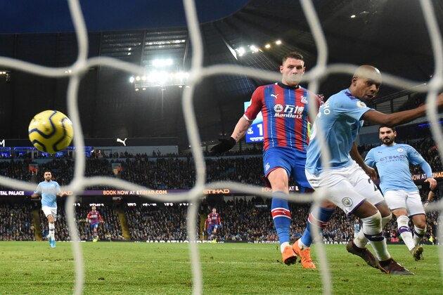 MANCHESTER, ENGLAND - JANUARY 18: Fernandinho of Manchester City scores an own-goal which results in the second goal for Crystal Palace during the Premier League match between Manchester City and Crystal Palace at Etihad Stadium on January 18, 2020 in Manchester, United Kingdom. (Photo by Michael Regan/Getty Images)