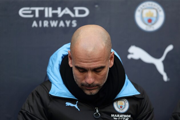 MANCHESTER, ENGLAND - JANUARY 18: A dejected Manchester City manager / head coach Pep Guardiola during the Premier League match between Manchester City and Crystal Palace at Etihad Stadium on January 18, 2020 in Manchester, United Kingdom. (Photo by James Williamson - AMA/Getty Images)