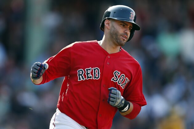 Boston Red Sox's J.D. Martinez runs on his two-run home run during the fourth inning of a baseball game against the New York Yankees in Boston, Saturday, July 27, 2019. (AP Photo/Michael Dwyer)