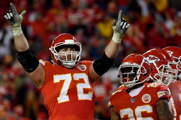 KANSAS CITY, MISSOURI - JANUARY 12: Eric Fisher #72 of the Kansas City Chiefs celebrates the 51-31 win over the Houston Texans in the AFC Divisional playoff game Arrowhead Stadium on January 12, 2020 in Kansas City, Missouri. (Photo by Peter Aiken/Getty Images) KANSAS CITY, MISSOURI - JANUARY 12: Eric Fisher #72 of the Kansas City Chiefs celebrates the 51-31 win over the Houston Texans in the AFC Divisional playoff game Arrowhead Stadium on January 12, 2020 in Kansas City, Missouri. (Photo by Peter Aiken/Getty Images)