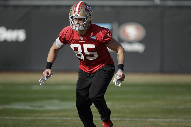 San Francisco 49ers' George Kittle runs a drill during practice at the team's NFL football training facility Friday, Jan. 17, 2020, in Santa Clara, Calif. The 49ers are scheduled to host the Green Bay Packers in the NFC Championship game on Sunday. (AP Photo/Ben Margot)